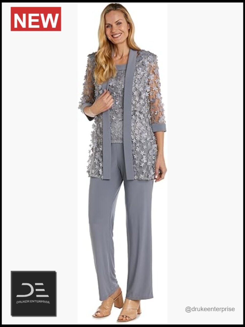 2-Piece 3D Flower Embellished Mesh Mock Top & Pant Set - Formal Evening